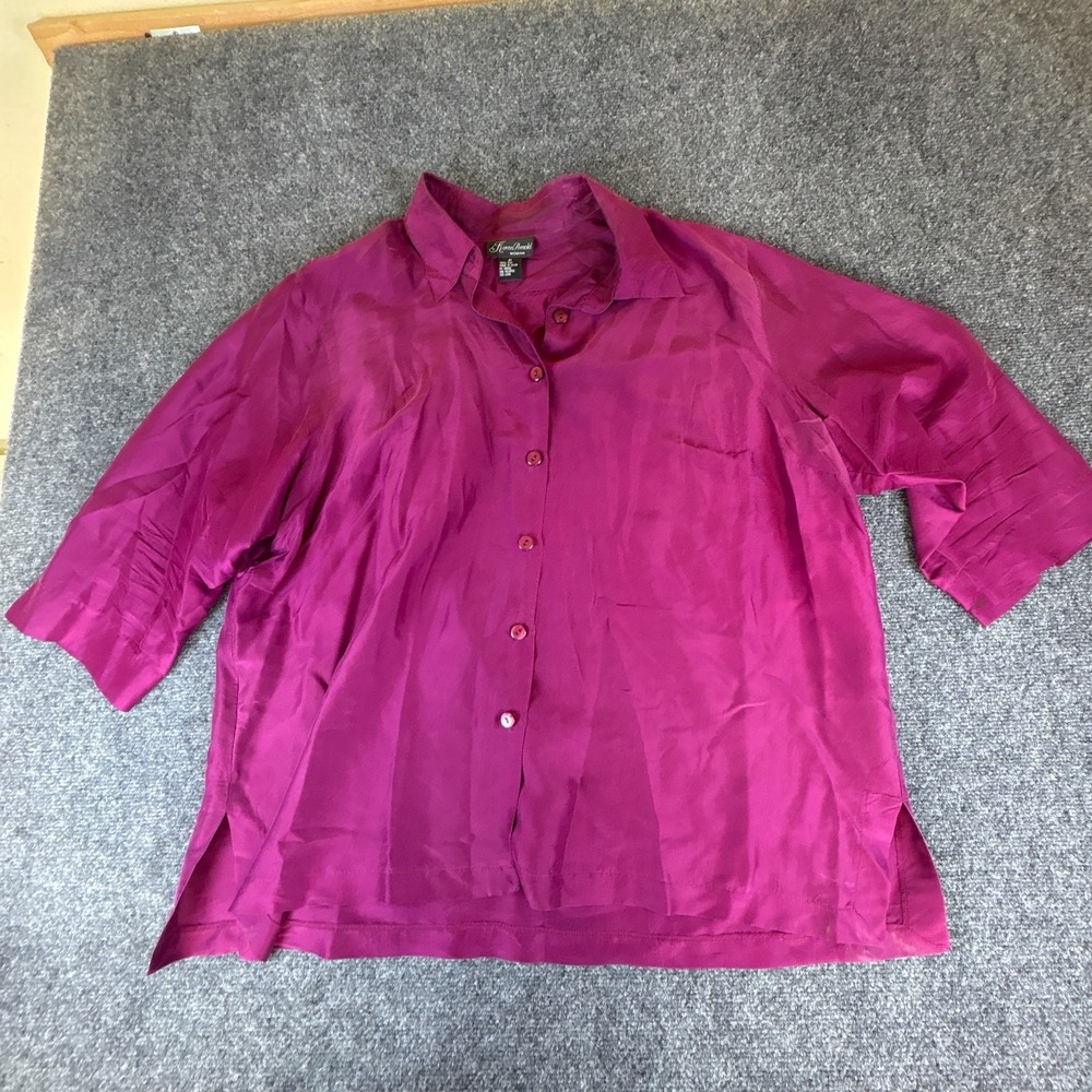 Karen Arnold Blouse Top Womens 3X Magenta Pink Silk 3/4 Sleeve Button Front